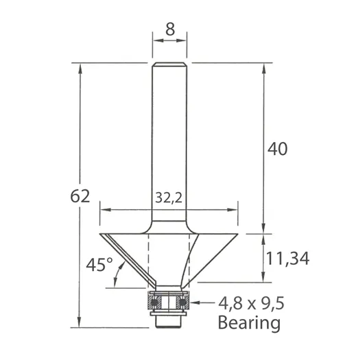 IGM M109 Uhlová fréza s ložiskom - 45° D32,2x11,34 L62 S=8 HW