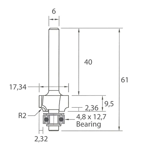 IGM M138 Zaoblovacia fréza vydutá - R2 D17,34x9,5 L61 S=6 HW