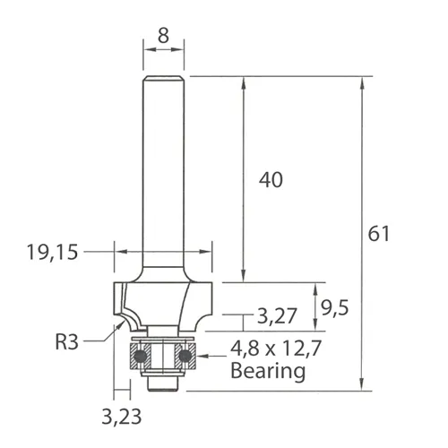 IGM M138 Zaoblovacia fréza vydutá - R3 D19,15x9,5 L61 S=8 HW