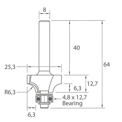 IGM M138 Zaoblovacia fréza vydutá - R6,3 D25,3x12,7 L64 S=8 HW