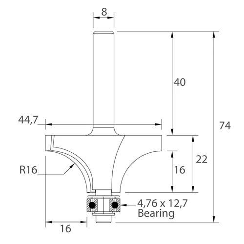 IGM M138 Zaoblovacia fréza vydutá - R16 D44,7x22 L74 S=8 HW