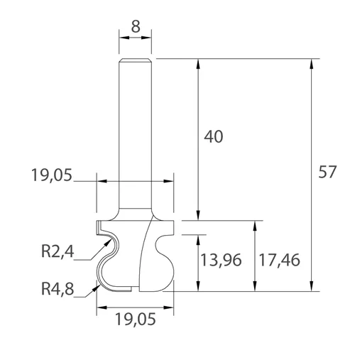 IGM M141 Fréza na rukoväte - R2,4-4,8 D19,05x17,46 L57 S=8 HW