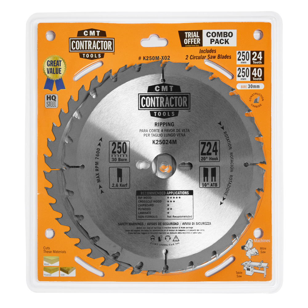CMT Sada Contractor Pílových kotúčov na drevo - D250x2,6 d30 Z24+Z40 HW, 2ks C-K250M-X02